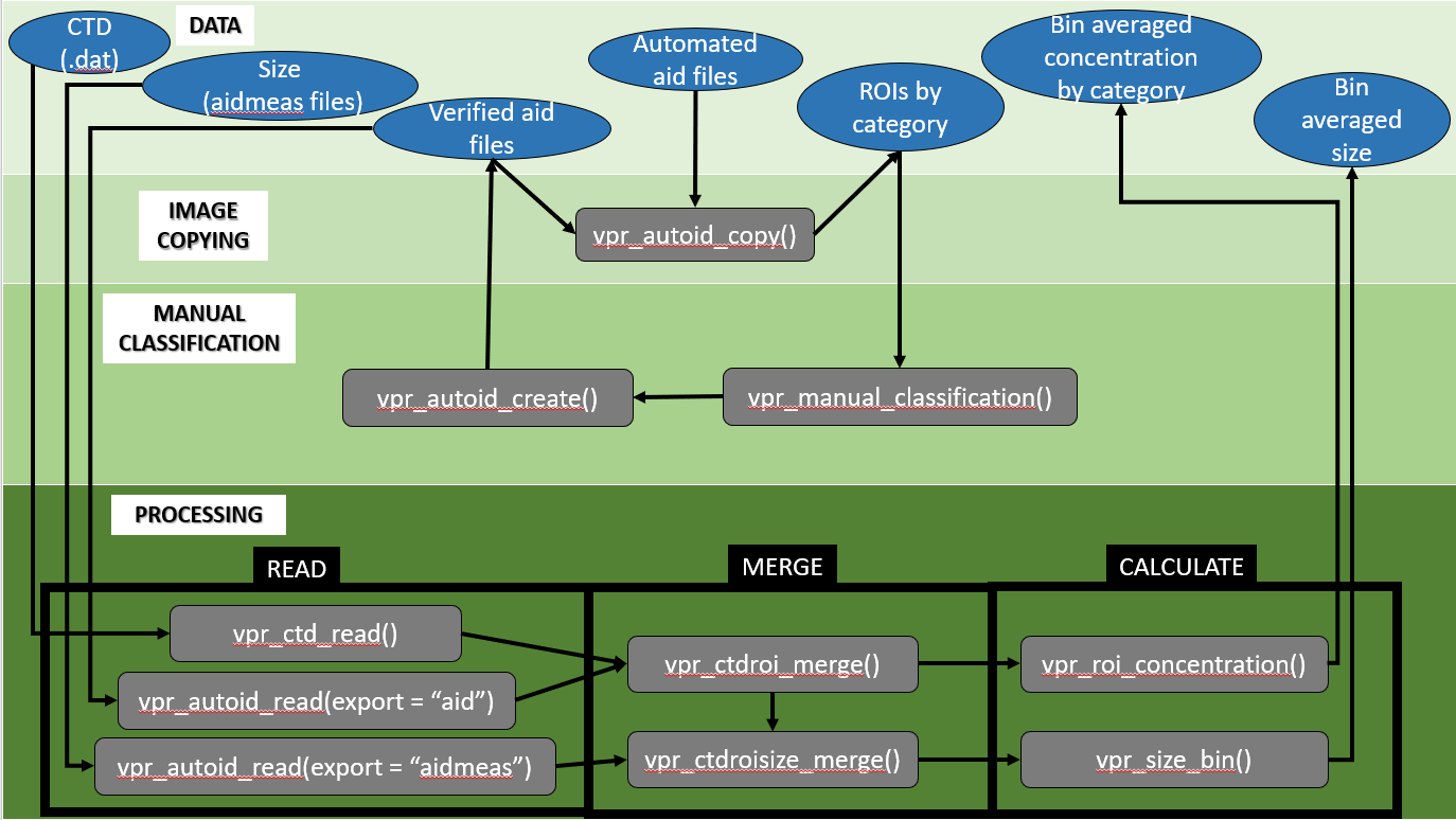 Figure 2. Processing steps in R using vprr. Data flows from the top, through multiple layers of processing, including image copying, manual classification and processing calculations.